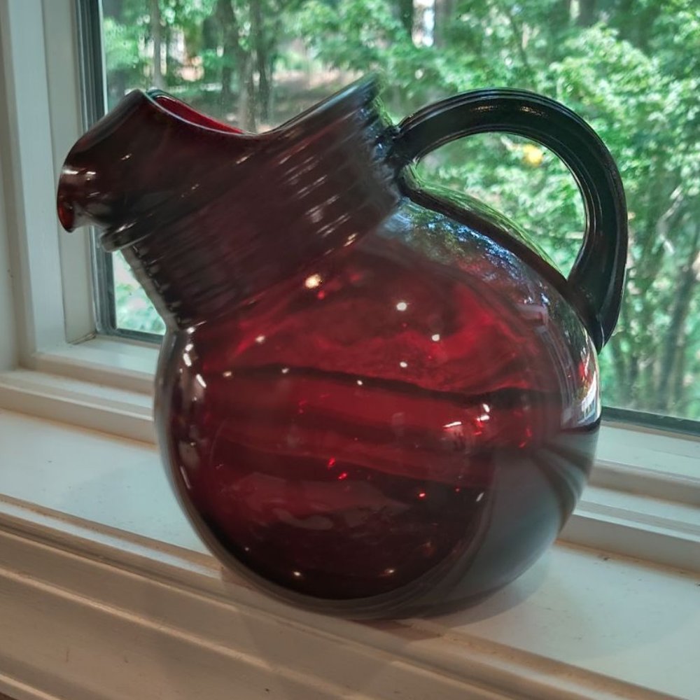 Vintage Anchor Hocking Royal Ruby Red 42 oz Glass Ball Pitcher with Ice Lip